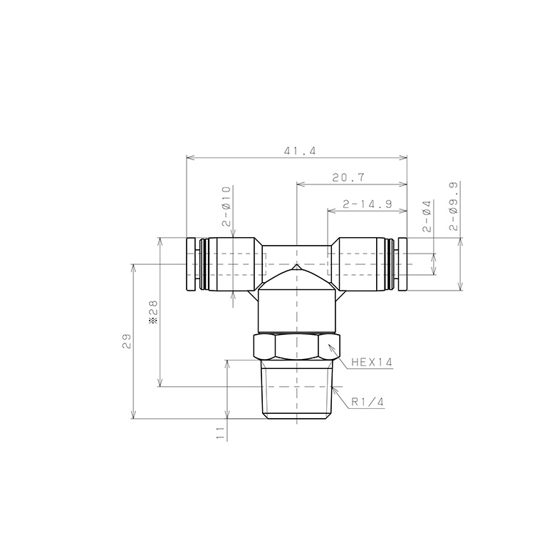 Bản vẽ kỹ thuật Đầu Nối Nhanh Khí Nén Dạng Chữ T Ren Ngoài Pisco PB4-02EG