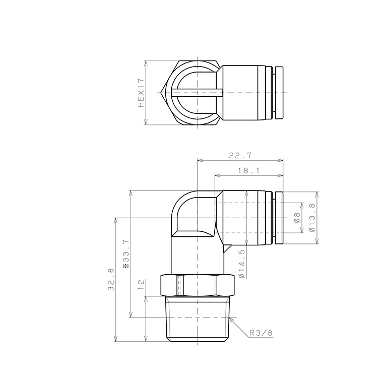 Bản vẽ kỹ thuật Đầu Nối Nhanh Khí Nén Dạng Cong 90° Ren Ngoài Pisco SPPL8-03