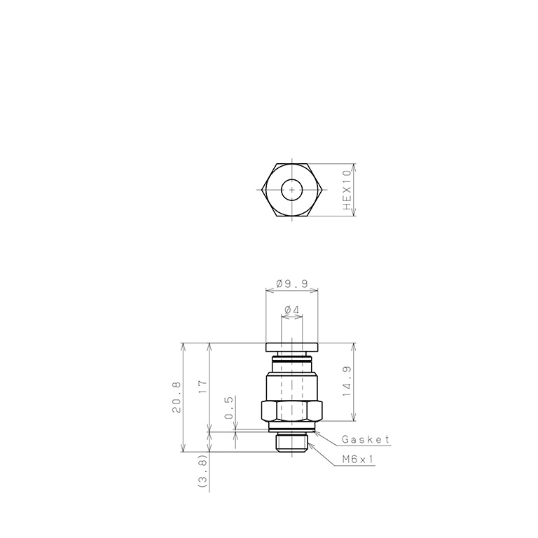 Bản vẽ kỹ thuật Đầu Nối Nhanh Khí Nén Dạng Thẳng Thân Lục Giác Ren Ngoài Pisco PC4-M6EG