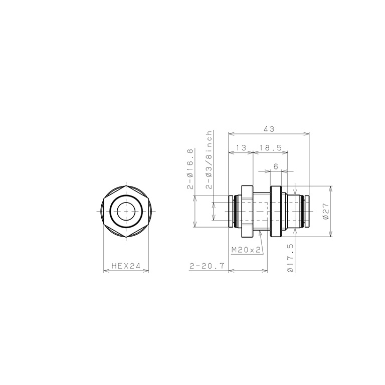 Bản vẽ kỹ thuật Đầu Nối Nhanh Khí Nén Dạng Thẳng Ren Ngoài Lắp Kẹp Vách Pisco PMP3/8-C