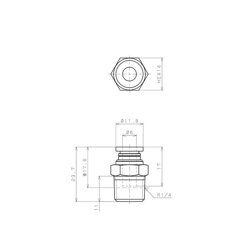 Bản vẽ kỹ thuật Đầu Nối Nhanh Khí Nén Dạng Thẳng Thân Lục Giác Ren Ngoài Pisco PC6-02EG