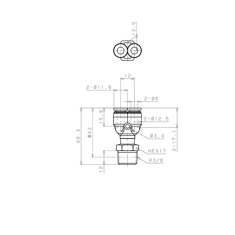 Bản vẽ kỹ thuật Đầu Nối Nhanh Khí Nén Dạng Chữ Y Ren Ngoài Pisco PPX6-03SUS-F