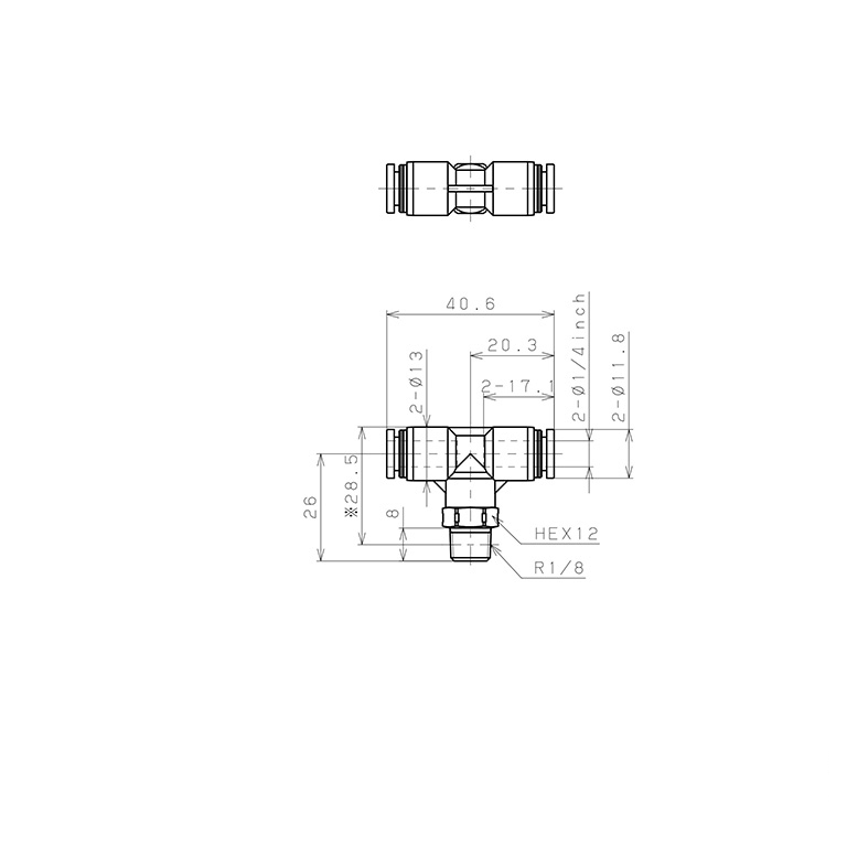 Bản vẽ kỹ thuật Đầu Nối Nhanh Khí Nén Dạng Chữ T Ren Ngoài Pisco PPB1/4-01SUS-S