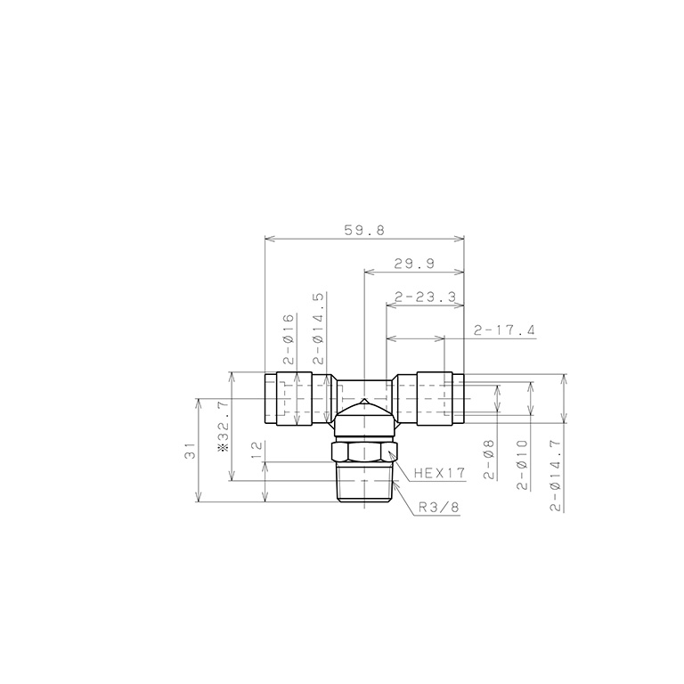 Bản vẽ kỹ thuật Đầu Nối Nhanh Khí Nén Dạng Chữ T Ren Ngoài Pisco PB8-03V-0