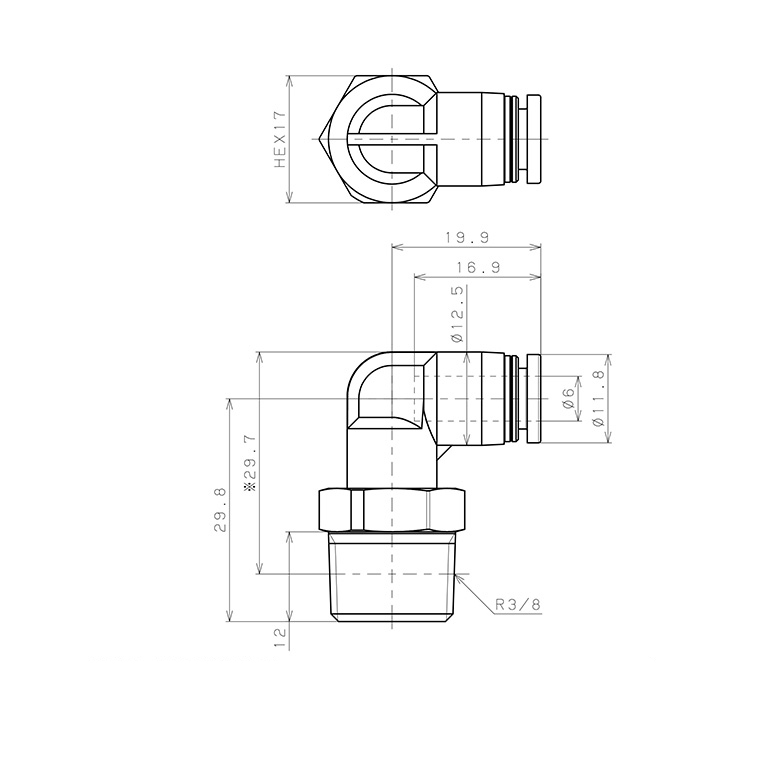 Bản vẽ kỹ thuật Đầu Nối Nhanh Khí Nén Dạng Cong 90° Ren Ngoài Pisco PPL6-03-C