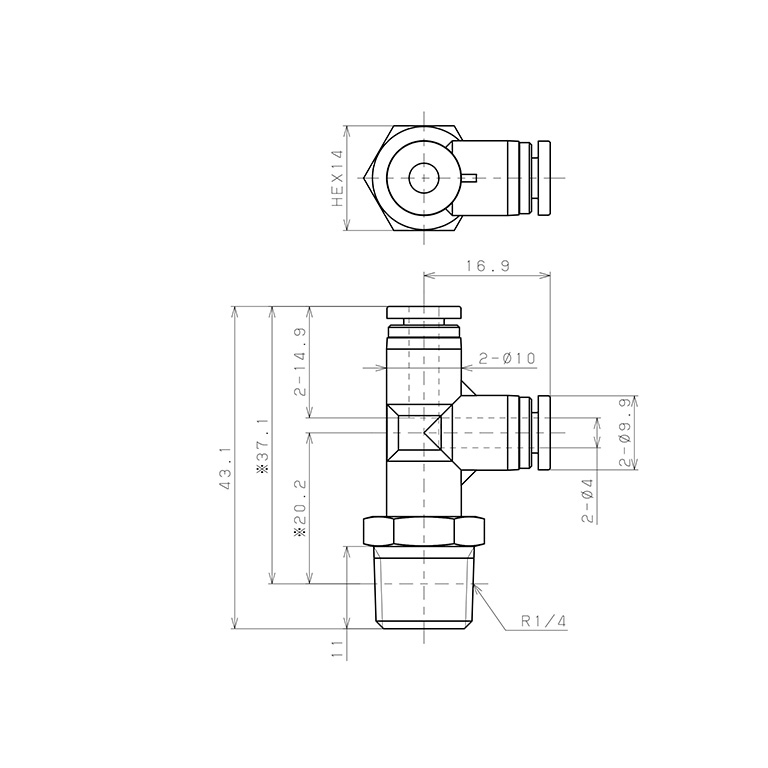 Bản vẽ kỹ thuật Đầu Nối Nhanh Khí Nén Dạng Chữ T Ren Ngoài Pisco SPD4-02