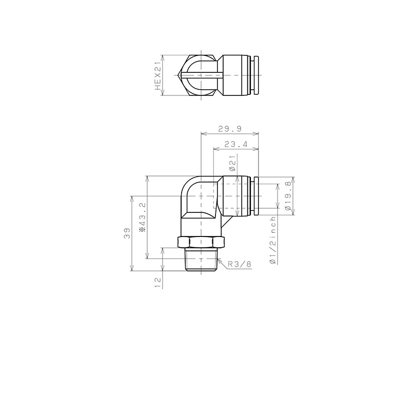 Bản vẽ kỹ thuật Đầu Nối Nhanh Khí Nén Dạng Cong 90° Ren Ngoài Pisco PPL1/2-03SUS-HN