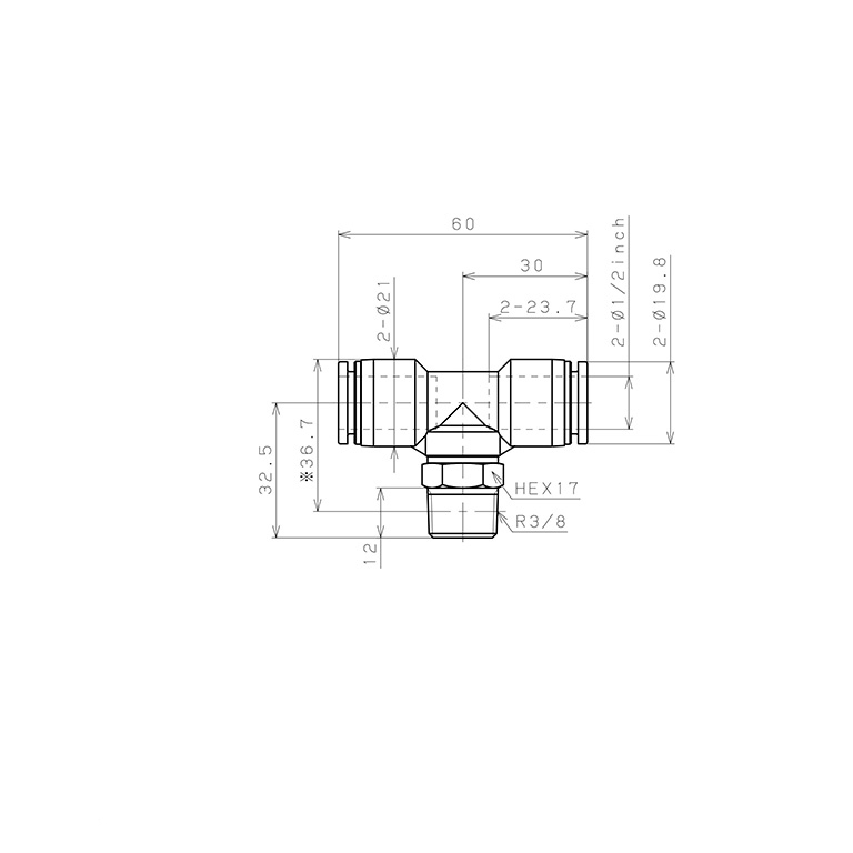 Bản vẽ kỹ thuật Đầu Nối Nhanh Khí Nén Dạng Chữ T Ren Ngoài Pisco PB1/2-03-C