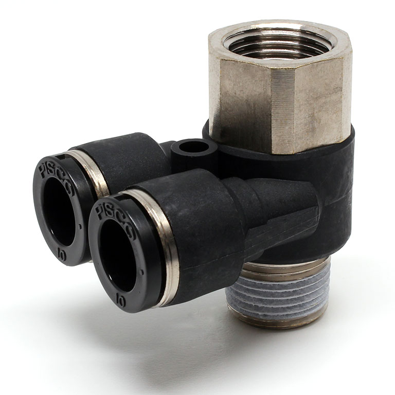 Đầu Nối Nhanh Khí Nén Hai Nhánh Cong 90° Đầu Lục Giác Trụ Ren Đực Cái Pisco PAF10-03W