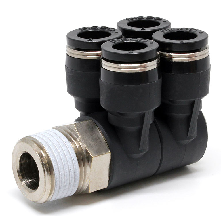 Đầu Nối Nhanh Khí Nén Bốn Nhánh Cong 90° Thân Lục Giác Trụ Ren Ngoài Pisco PAW8-03W