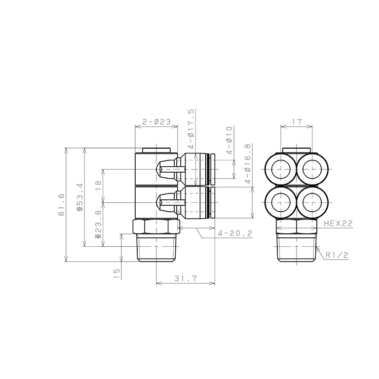 Bản vẽ kỹ thuật Đầu Nối Nhanh Khí Nén Bốn Nhánh Cong 90° Thân Lục Giác Trụ Ren Ngoài Pisco PAW10-04-C