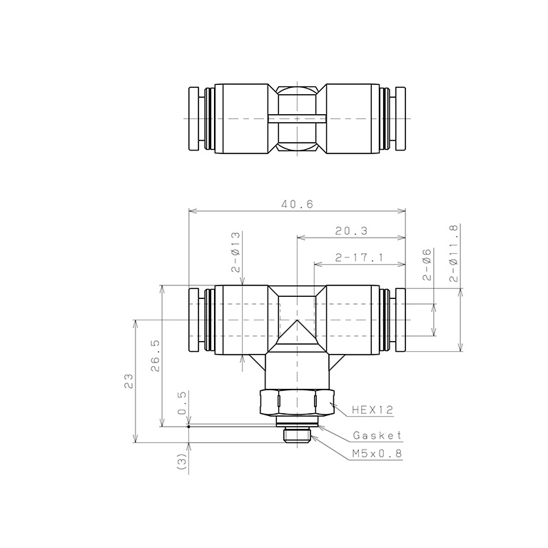 Bản vẽ kỹ thuật Đầu Nối Nhanh Khí Nén Dạng Chữ T Ren Ngoài Pisco PB6-M5SUS