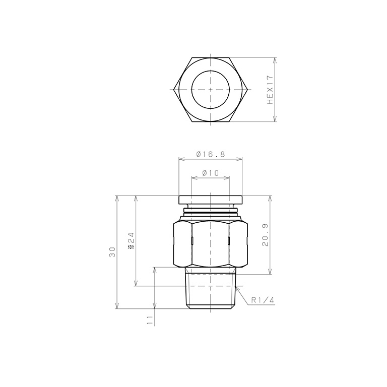Bản vẽ kỹ thuật Đầu Nối Nhanh Khí Nén Dạng Thẳng Thân Lục Giác Ren Ngoài Pisco PC10-02SUS