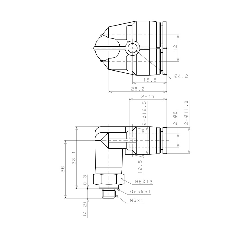 Bản vẽ kỹ thuật Đầu Nối Nhanh Khí Nén Hai Nhánh Cong 90° Ren Ngoài Pisco SPAX6-M6