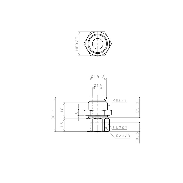 Bản vẽ kỹ thuật Đầu Nối Nhanh Khí Nén Dạng Thẳng Ren Trong Ngoài Pisco SPMF12-03