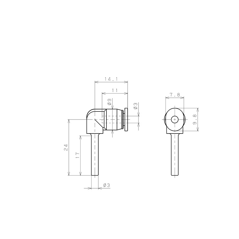 Bản vẽ kỹ thuật Đầu Nối Nhanh Khí Nén Giữa Ống Khí Và Fitting Dạng Cong 90° Pisco PLJ3MW