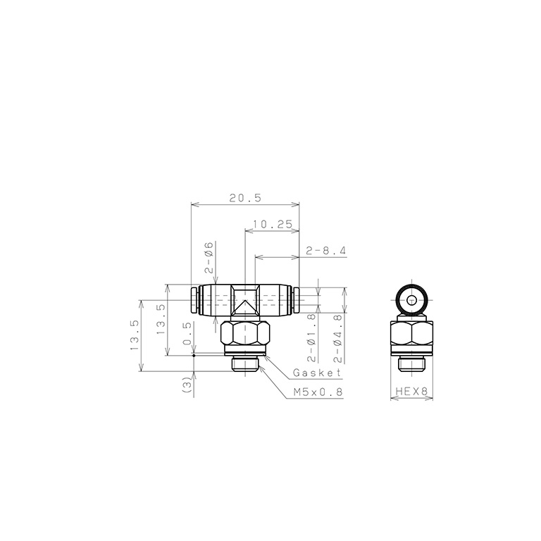 Bản vẽ kỹ thuật Đầu Nối Nhanh Khí Nén Dạng Chữ T Ren Ngoài Pisco PB180-M5M