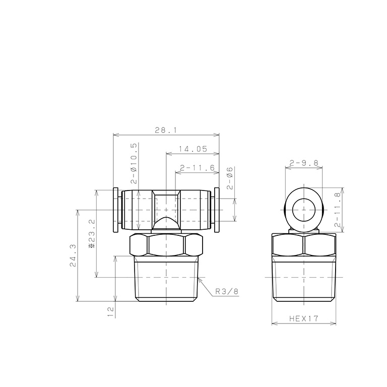 Bản vẽ kỹ thuật Đầu Nối Nhanh Khí Nén Dạng Chữ T Ren Ngoài Pisco PB6-03M