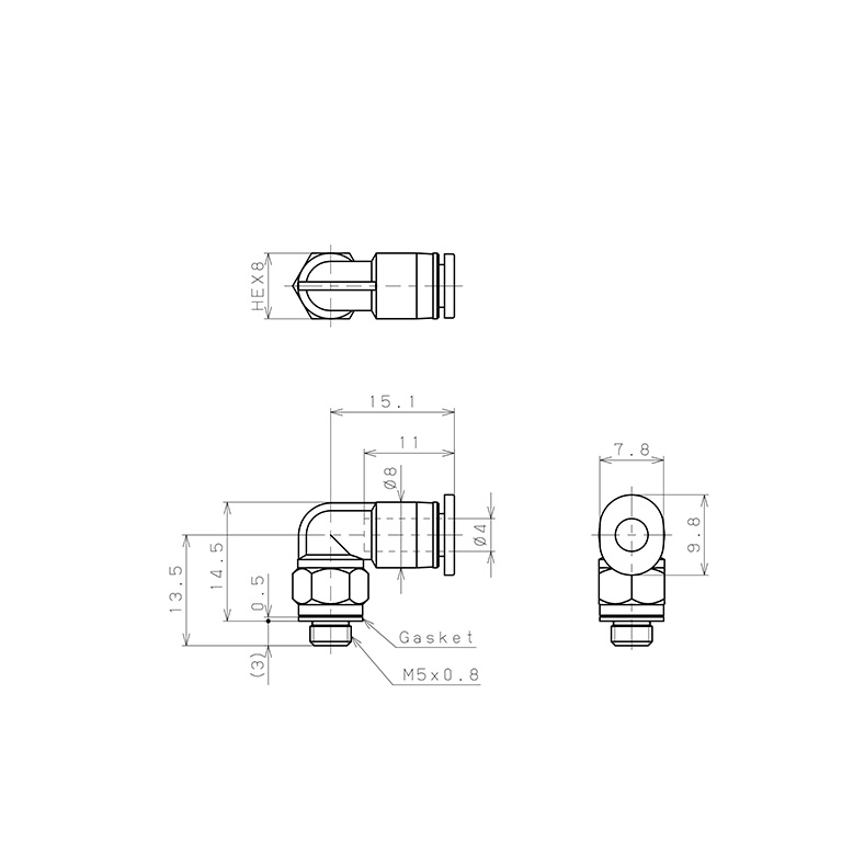 Bản vẽ kỹ thuật Đầu Nối Nhanh Khí Nén Dạng Cong 90° Ren Ngoài Pisco PL4-M5MW