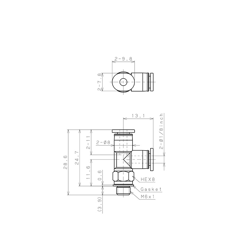 Bản vẽ kỹ thuật Đầu Nối Nhanh Khí Nén Dạng Chữ T Ren Ngoài Pisco PD1/8-M6MW