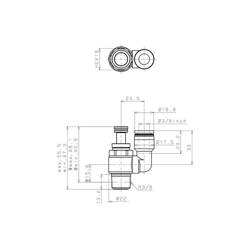 Bản vẽ kỹ thuật Van Tiết Lưu Khí Nén Chân Kim Pisco JNS3/8-03-C