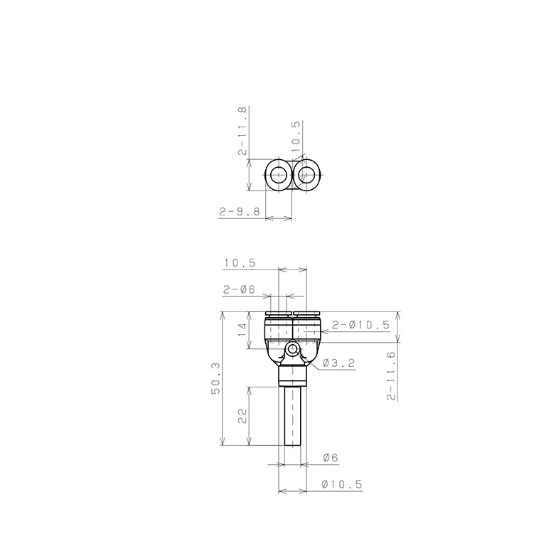 Bản vẽ kỹ thuật Đầu Nối Nhanh Khí Nén Giữa Ống Khí Và Fitting Dạng Chữ Y Pisco PYJ6MW