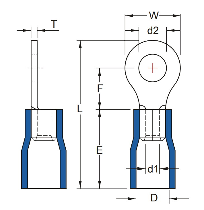 Bản vẽ kỹ thuật Đầu Cosse Tròn Cách Điện Màu Xanh Dương KST 2 mm2 RVS2-5