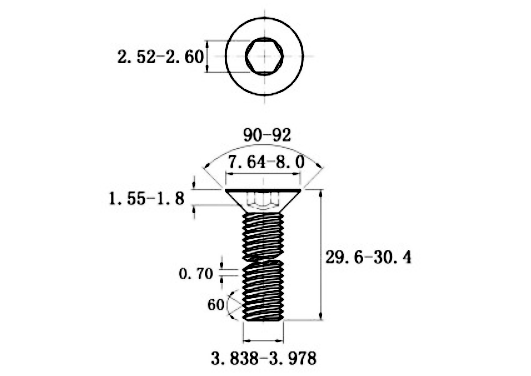 Bản vẽ kỹ thuật Lục Giác Chìm Col Thép Mạ Kẽm Trắng Cr3+ 10.9 DIN7991 M4x30 (50Cái/Bịch)