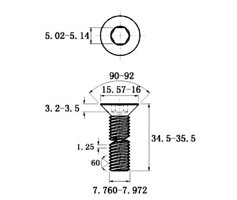 Bản vẽ kỹ thuật Lục Giác Chìm Col Thép Mạ Kẽm Trắng Cr3+ 10.9 DIN7991 M8x35