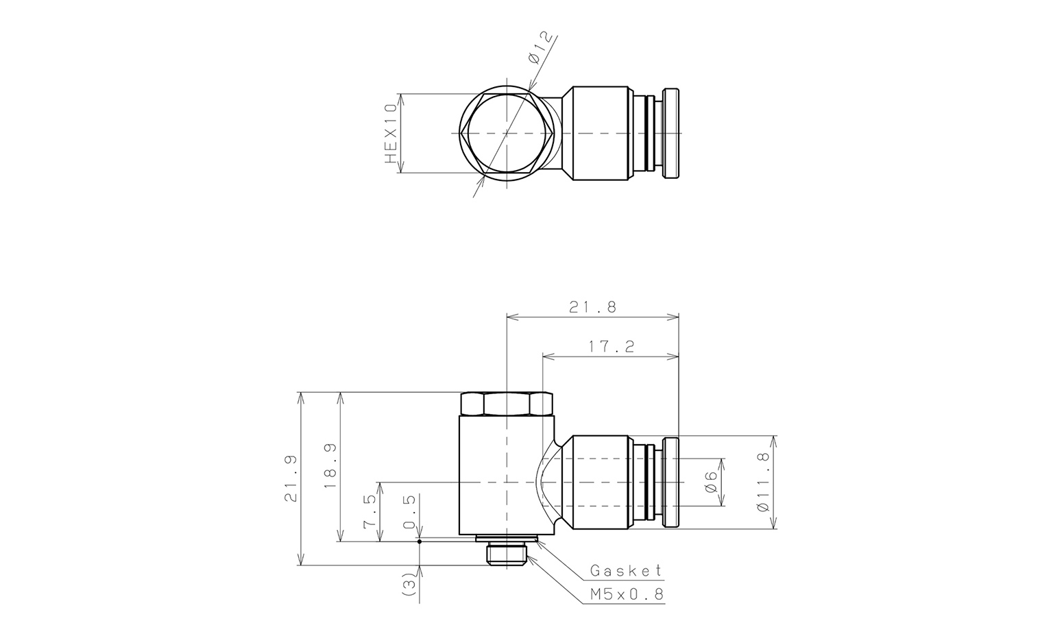 Bản vẽ kỹ thuật Đầu Nối Nhanh Khí Nén Cong 90° Đầu Lục Giác Trụ Ren Ngoài Pisco KH6-M5-1-F