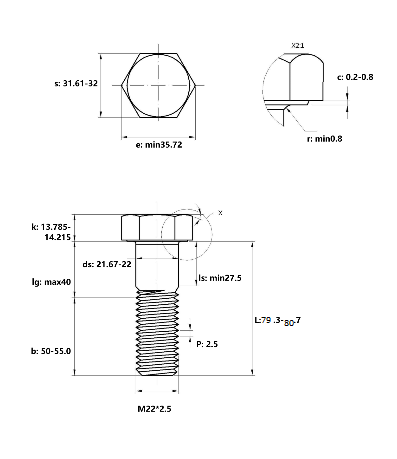 Bản vẽ kỹ thuật Bulong Nhúng Nóng 8.8 DIN931 M22x80 Ren Lửng