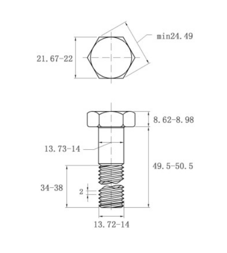 Bản vẽ kỹ thuật Bulong Thép Đen 8.8 DIN931 M14x50 Ren Lửng
