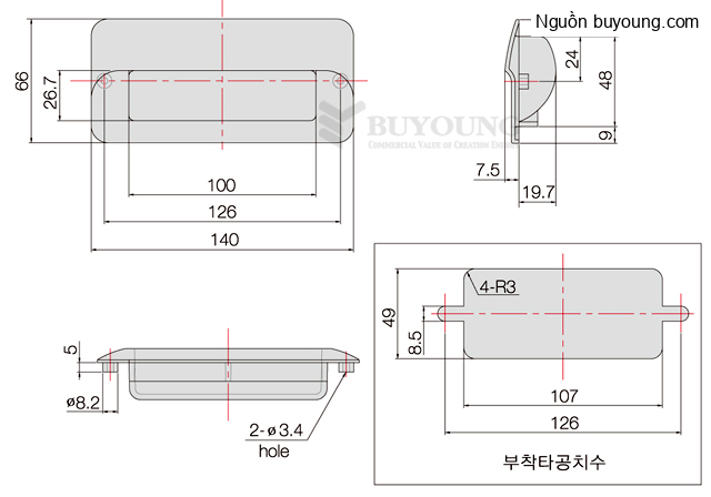 Bản vẽ kỹ thuật Tay nắm cửa chìm Buyoung 66x140 BY2-200WT (Màu Trắng)