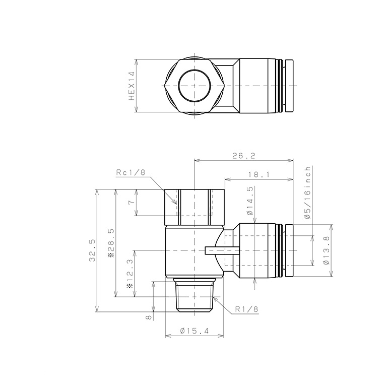 Bản vẽ kỹ thuật Đầu Nối Nhanh Khí Nén Cong 90° Đầu Lục Giác Trụ Ren Đực Cái Pisco PHF5/16-01