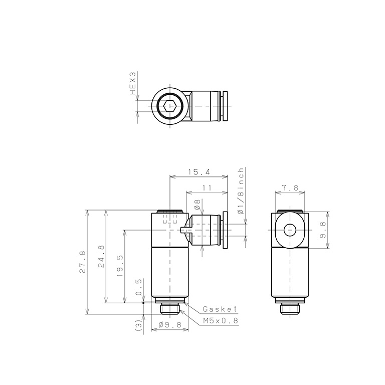 Bản vẽ kỹ thuật Đầu Nối Nhanh Khí Nén Dạng Cong 90° (Dài) Đầu Lục Giác Chìm Ren Ngoài Pisco POLL1/8-M5M