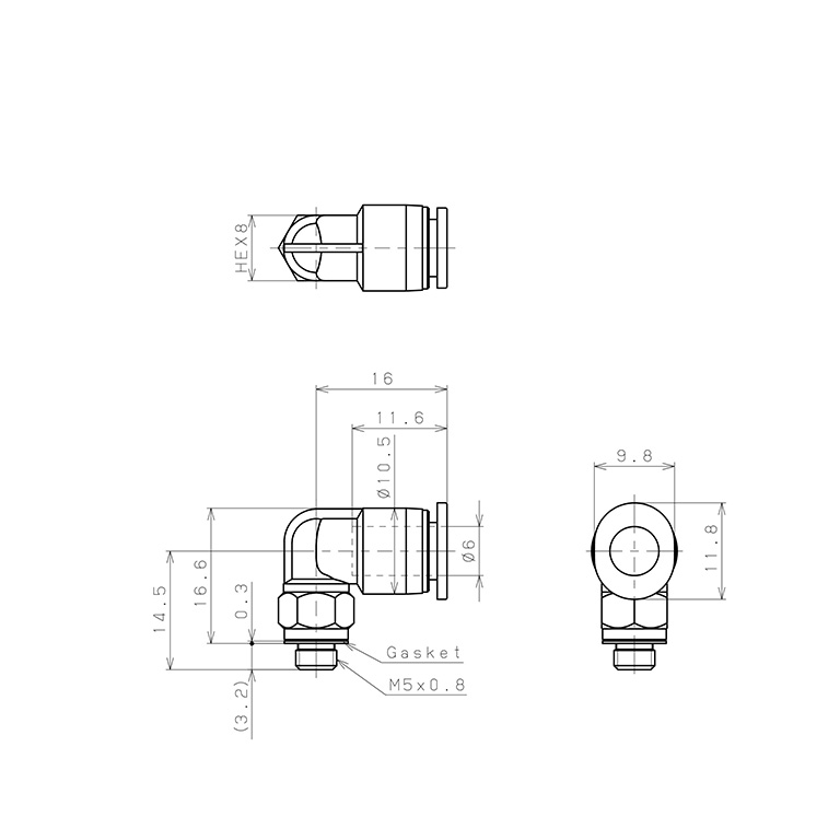 Bản vẽ kỹ thuật Đầu Nối Nhanh Khí Nén Dạng Cong 90° Ren Ngoài Pisco PL6-M5MW-C