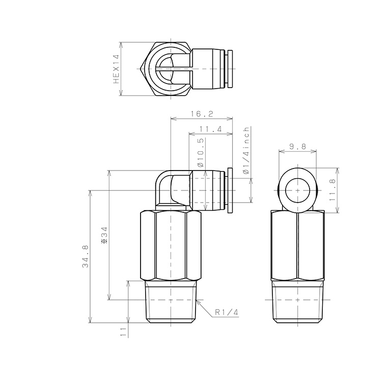 Bản vẽ kỹ thuật Đầu Nối Nhanh Khí Nén Dạng Cong 90° Ren Ngoài (Dài) Pisco PLL1/4-02M