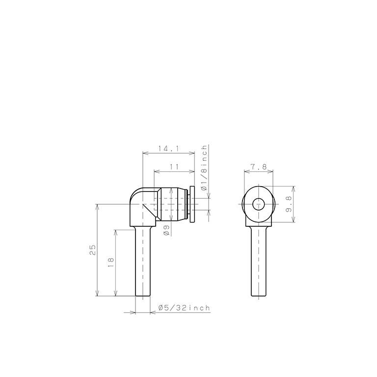 Bản vẽ kỹ thuật Đầu Nối Nhanh Khí Nén Giữa Ống Khí Và Fitting Dạng Nối Giảm Cong 90° Pisco PLGJ5/32-1/8M