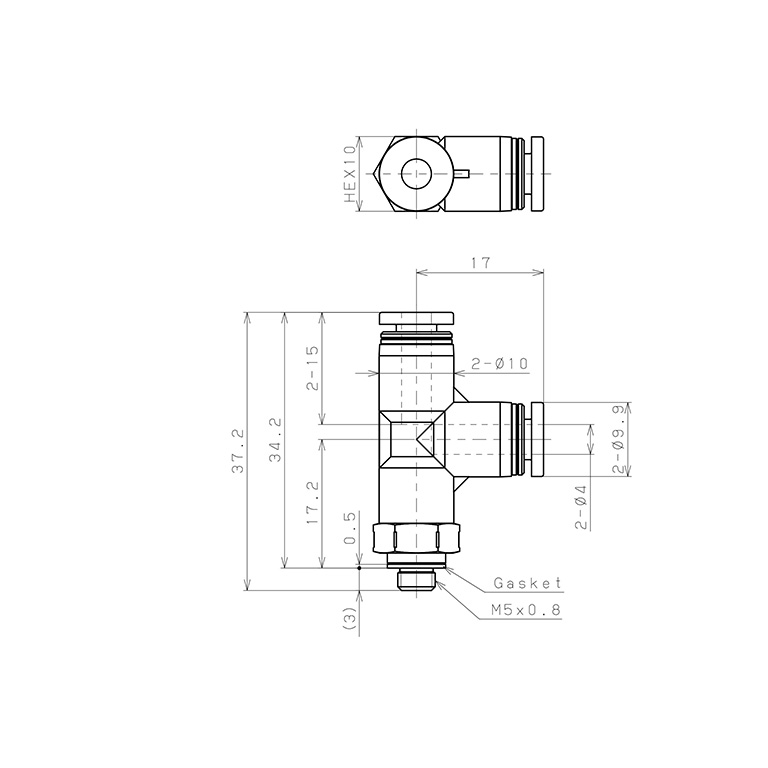 Bản vẽ kỹ thuật Đầu Nối Nhanh Khí Nén Dạng Chữ T Ren Ngoài Pisco PD4-M5SUS