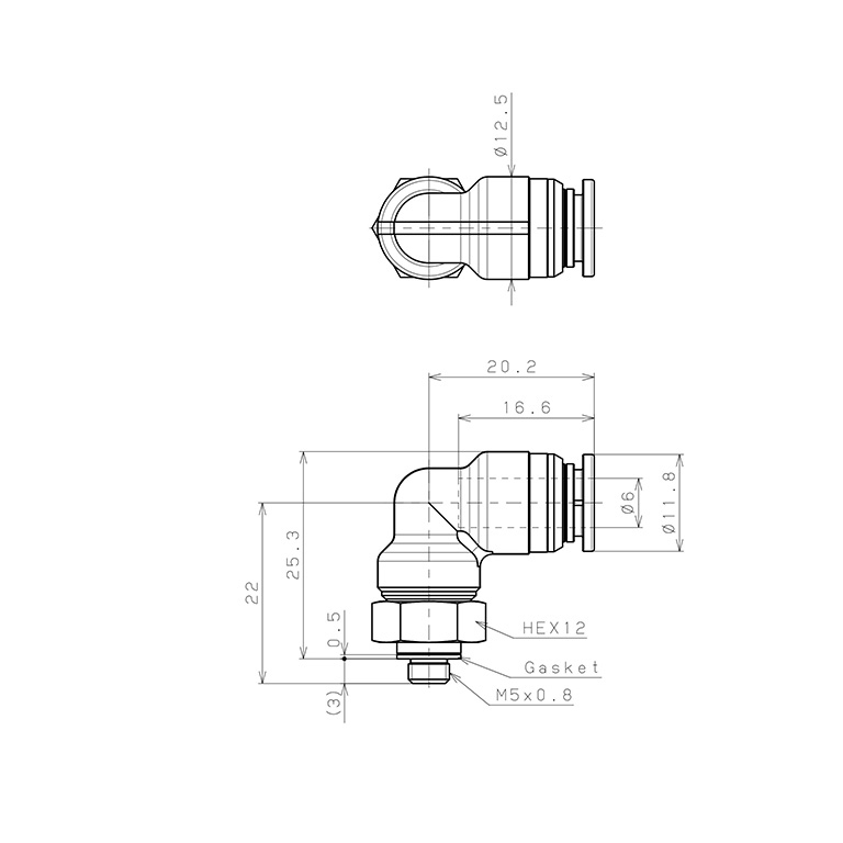 Bản vẽ kỹ thuật Đầu Nối Nhanh Khí Nén Dạng Cong 90° Ren Ngoài Pisco KL6-M5-1-F