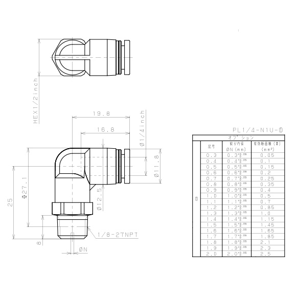 Bản vẽ kỹ thuật Đầu Nối Nhanh Khí Nén Lỗ Trích Khí Nhỏ Pisco PL1/4-N1U-0.4