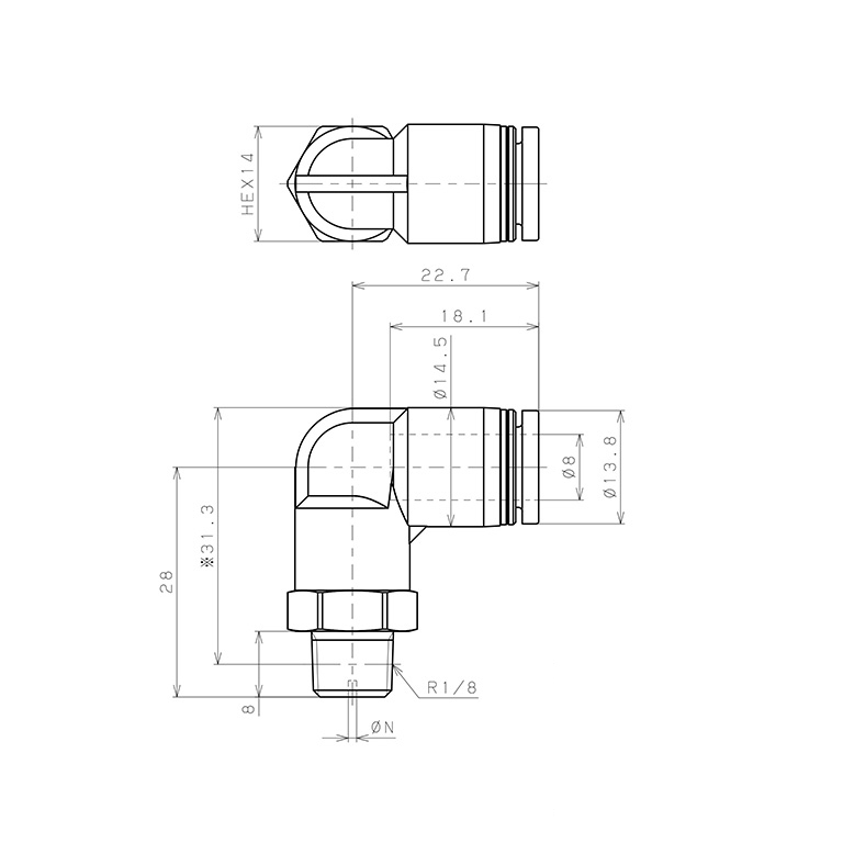 Bản vẽ kỹ thuật Đầu Nối Nhanh Khí Nén Lỗ Trích Khí Nhỏ Pisco PL8-01-0.9
