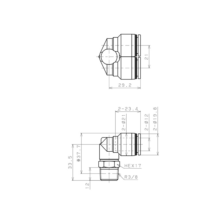 Bản vẽ kỹ thuật Đầu Nối Nhanh Khí Nén Hai Nhánh Cong 90° Ren Ngoài Pisco PAX12-03W