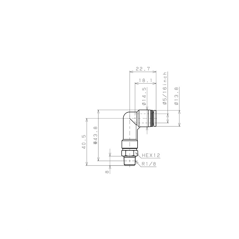 Bản vẽ kỹ thuật Đầu Nối Nhanh Khí Nén Dạng Cong 90° Ren Ngoài (Dài) Pisco PLL5/16-01-C