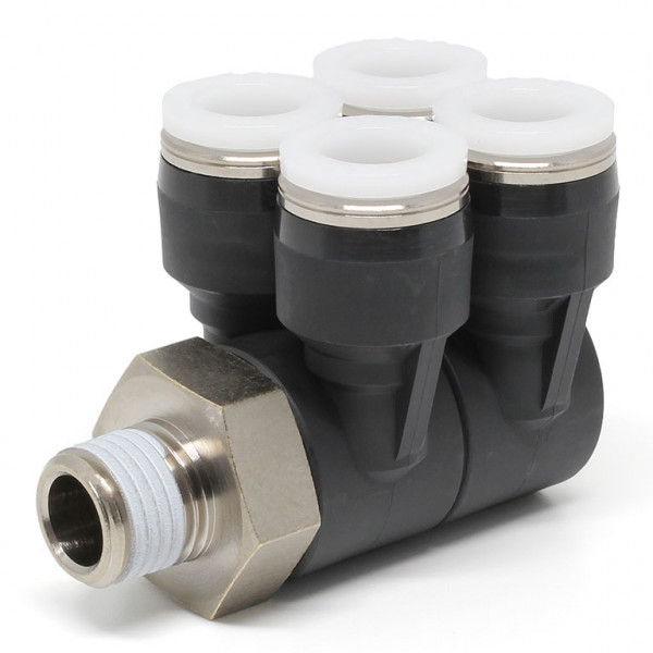 Đầu Nối Nhanh Khí Nén Bốn Nhánh Cong 90° Thân Lục Giác Trụ Ren Ngoài Pisco PAW3/8-02
