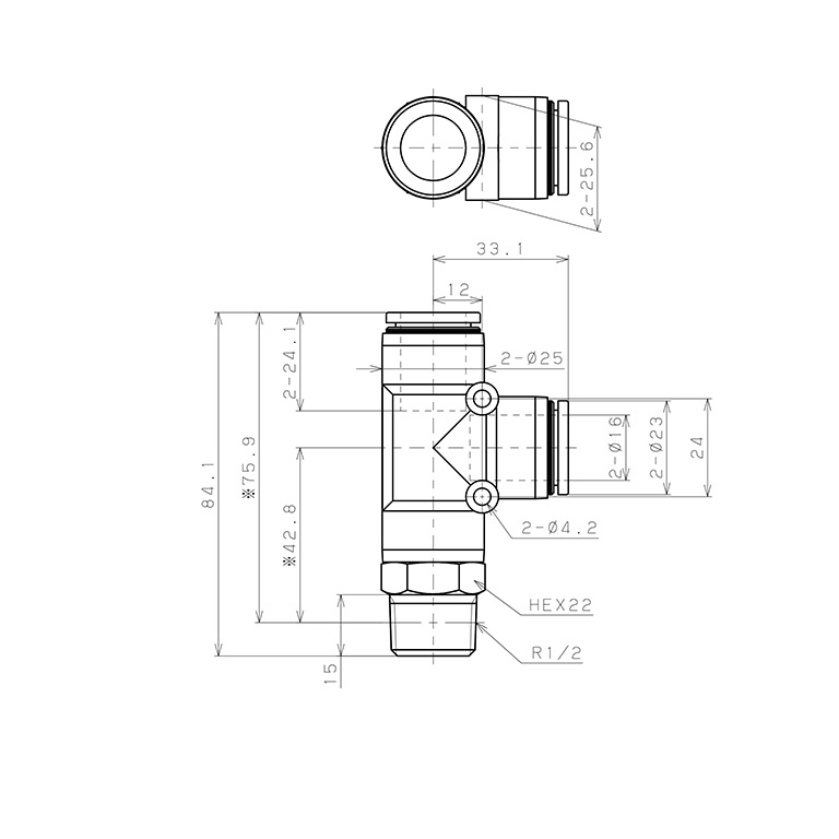 Bản vẽ kỹ thuật Đầu Nối Nhanh Khí Nén Dạng Chữ T Ren Ngoài Pisco PD16-04W