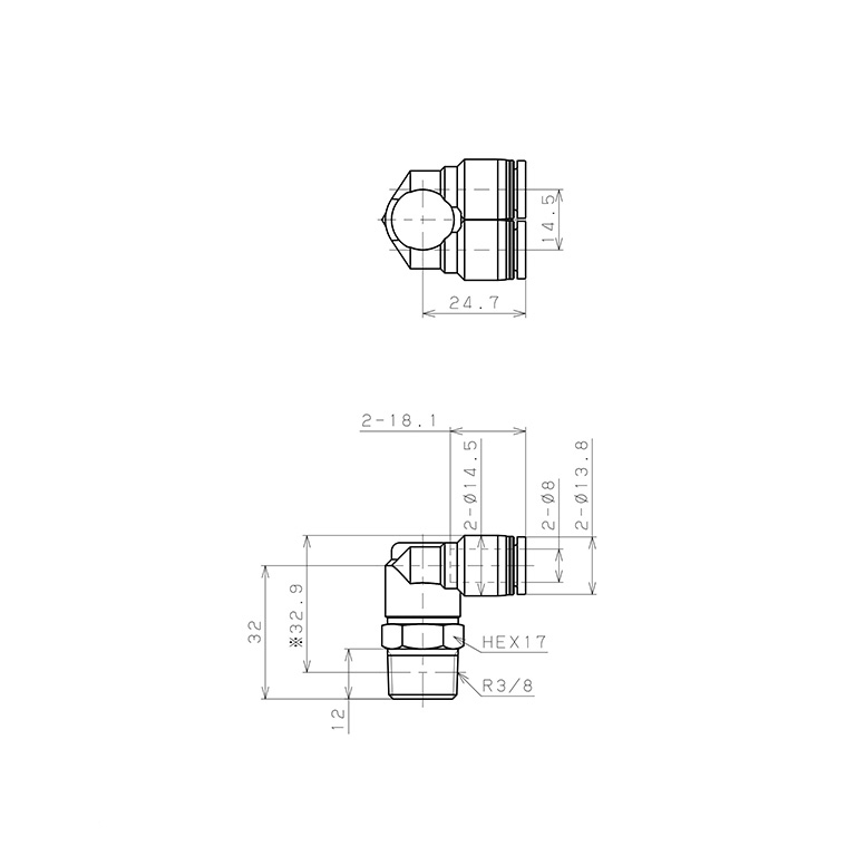 Bản vẽ kỹ thuật Đầu Nối Nhanh Khí Nén Hai Nhánh Cong 90° Ren Ngoài Pisco PAX8-03-C