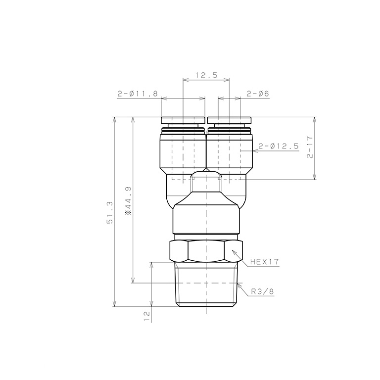 Bản vẽ kỹ thuật Đầu Nối Nhanh Khí Nén Dạng Chữ Y Ren Ngoài Pisco PX6-03-C