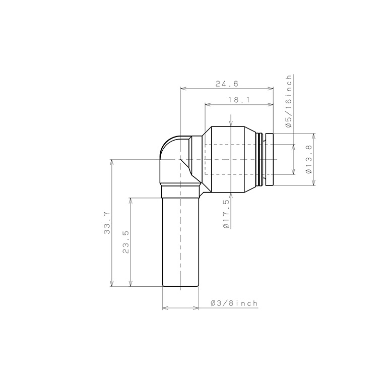 Bản vẽ kỹ thuật Đầu Nối Nhanh Khí Nén Giữa Ống Khí Và Fitting Dạng Nối Giảm Cong 90° Pisco PLGJ3/8-5/16