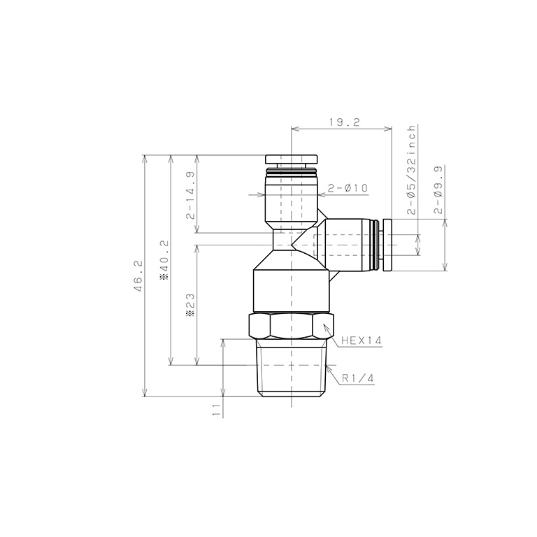 Bản vẽ kỹ thuật Đầu Nối Nhanh Khí Nén Dạng Chữ T Ren Ngoài Pisco PD5/32-02W
